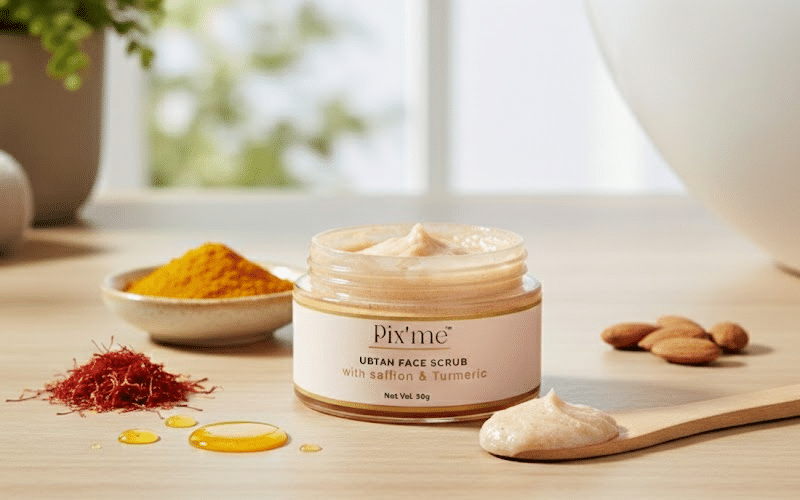 Pix’me best face scrub for daily skincare shown in a jar with natural exfoliating ingredients