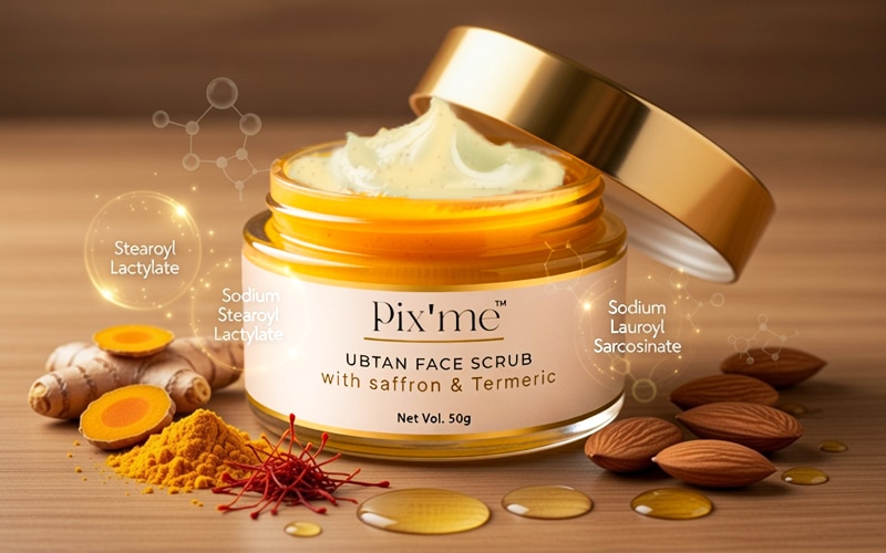 Natural face scrub in an open jar with visible exfoliating texture, placed on a wooden surface with herbal ingredients for glowing skin care.