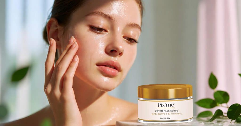 Natural face scrub in an open cosmetic jar with visible exfoliating texture, surrounded by turmeric, saffron, apricot oil, and almond oil ingredients on a wooden surface.