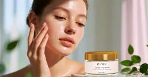 Natural face scrub in an open cosmetic jar with visible exfoliating texture, surrounded by turmeric, saffron, apricot oil, and almond oil ingredients on a wooden surface.