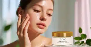 Natural face scrub in an open cosmetic jar with visible exfoliating texture, surrounded by turmeric, saffron, apricot oil, and almond oil ingredients on a wooden surface.