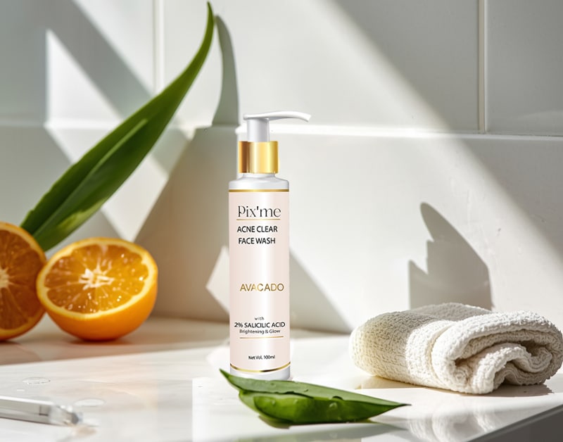 Summer Skincare Routine with face wash, serum, and sunscreen arranged on a bright bathroom counter with natural sunlight.