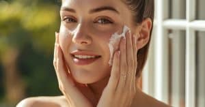 Summer Skincare Routine with face wash, serum, and sunscreen arranged on a bright bathroom counter with natural sunlight.