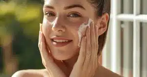 Summer Skincare Routine with face wash, serum, and sunscreen arranged on a bright bathroom counter with natural sunlight.