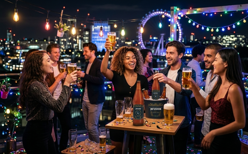 Chilled glasses of the best beer for parties served at a vibrant party table