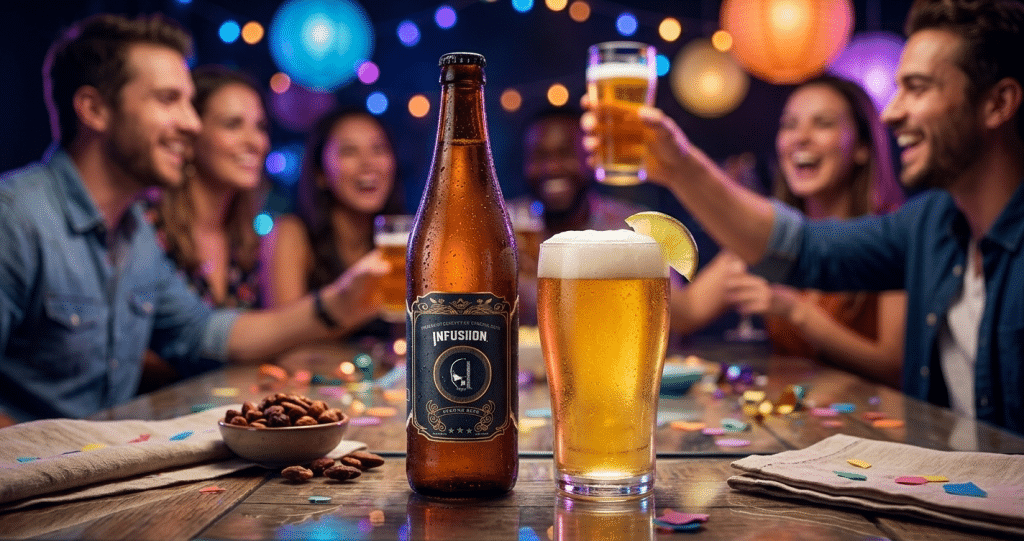 Friends enjoying the best beer for parties during a lively night celebration