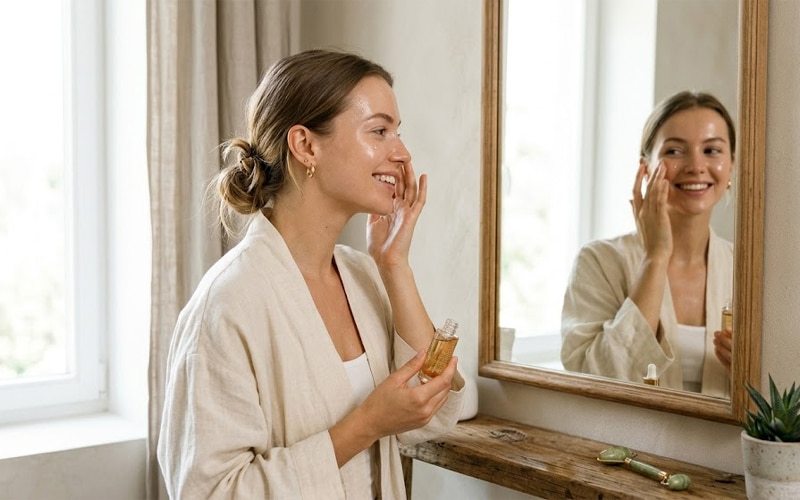 Woman applying skincare products for a healthy glowing skin routine