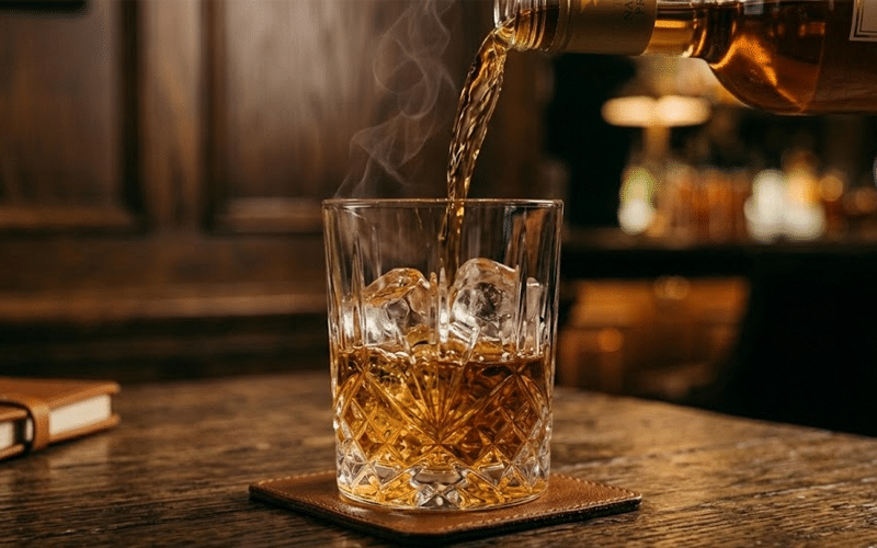 Premium bottle of The Nation Pride Whisky placed on a wooden table with warm lighting, highlighting its rich golden color and elegant label.