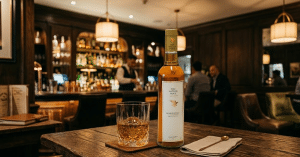 A glass of The Nation Pride Whisky being poured from a stylish bottle, showcasing smooth texture and amber tones in a sophisticated setting.