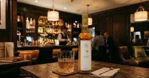 A glass of The Nation Pride Whisky being poured from a stylish bottle, showcasing smooth texture and amber tones in a sophisticated setting.