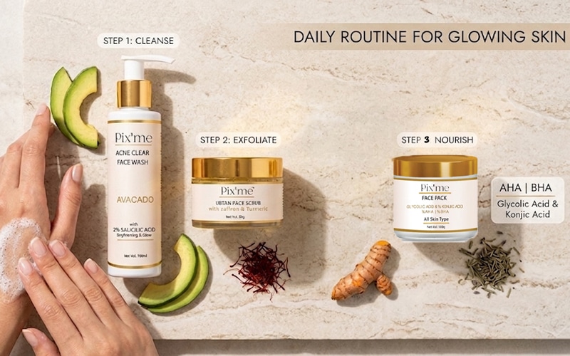 Natural skincare routine using Pix'me products for radiant skin