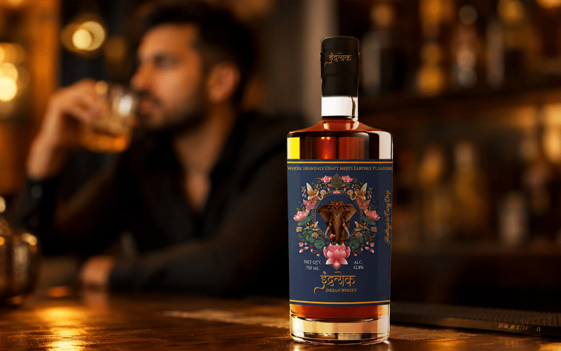 Indralok Whisky bottle highlighting rich character and exceptional quality.