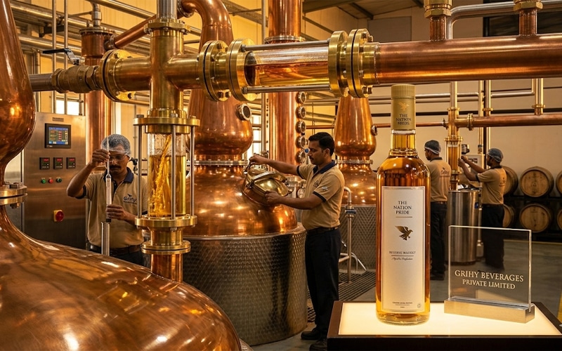 Bottles displayed by Grihy Beverages Private Limited in luxury beverage setting