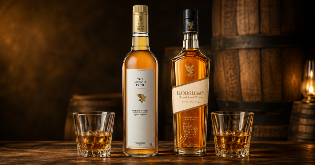 Premium whisky vs regular whisky comparison showing differences in quality and presentation