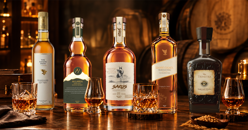 Types of whisky displayed in different glasses and bottles