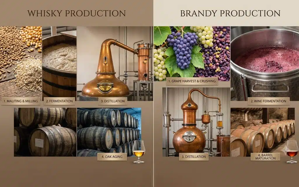 Whisky and brandy bottles showing differences in colour and appearance