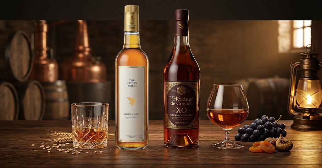 Whisky vs brandy comparison with bottles and glasses of amber spirits